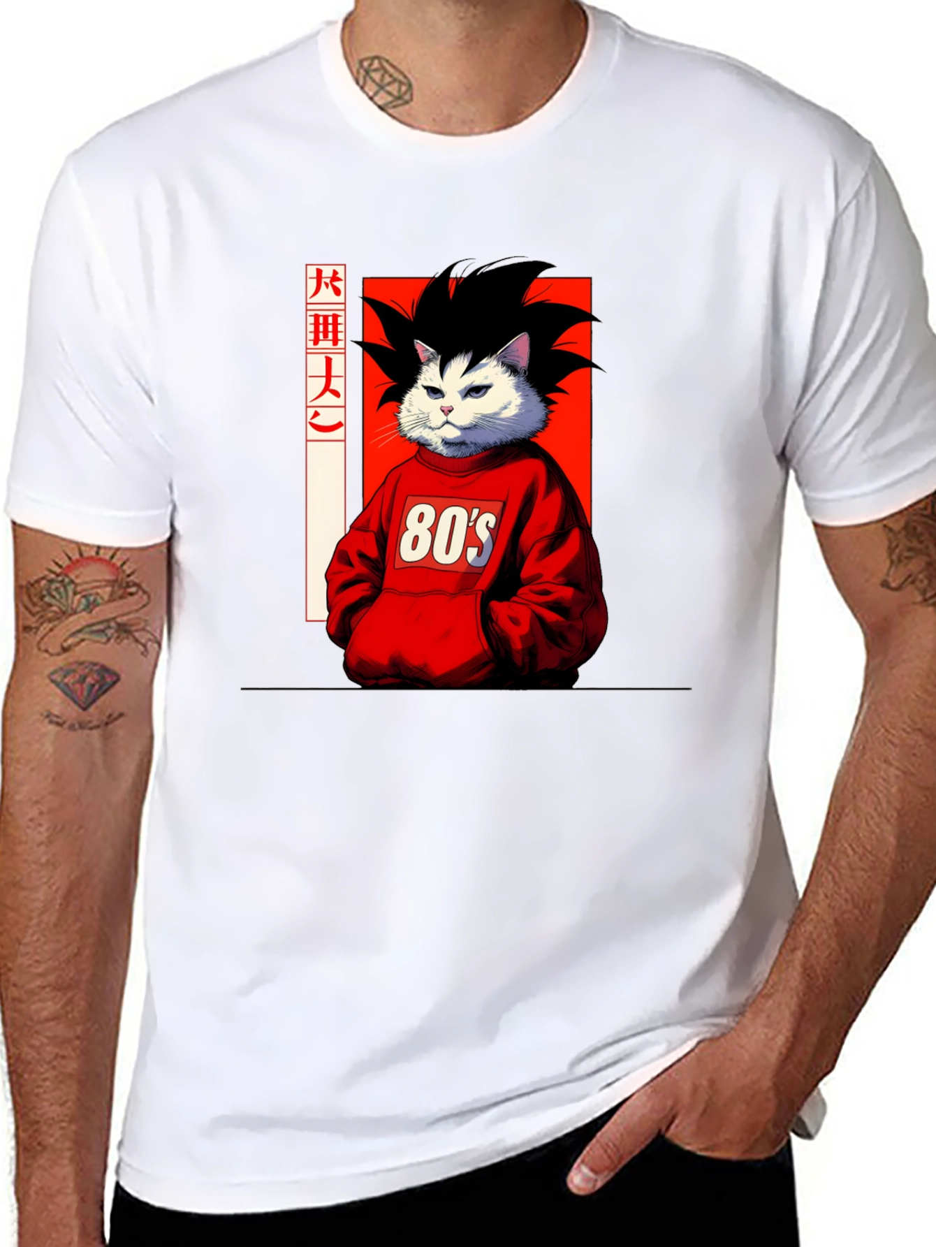 Anime Cat Graphic T-Shirt: 80s Style