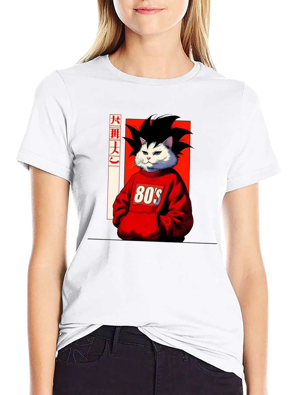 Anime Cat Graphic T-Shirt: 80s Style