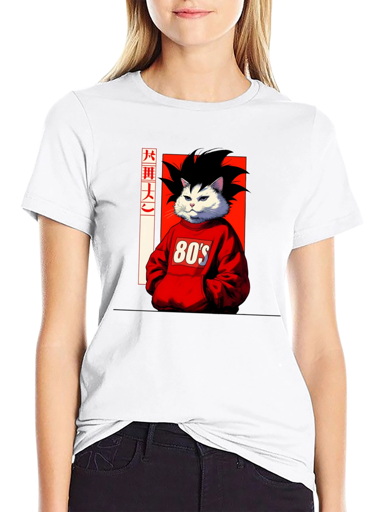 Anime Cat Graphic T-Shirt: 80s Style
