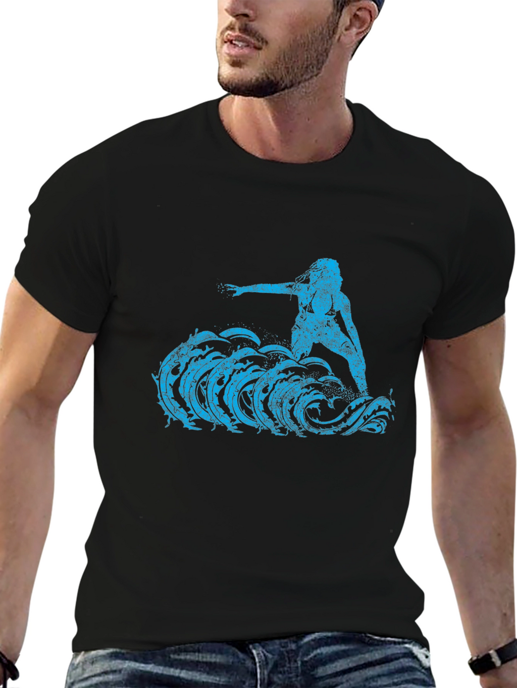 Surfer Girl Tee - Black Cotton Graphic T-Shirt