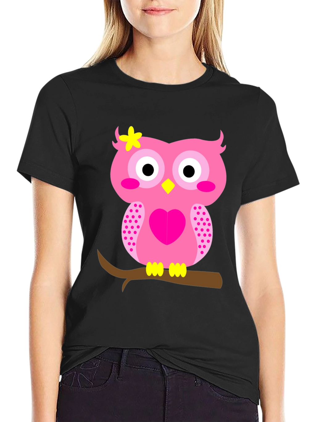 Cute Pink Owl Graphic Tee - Black T-Shirt