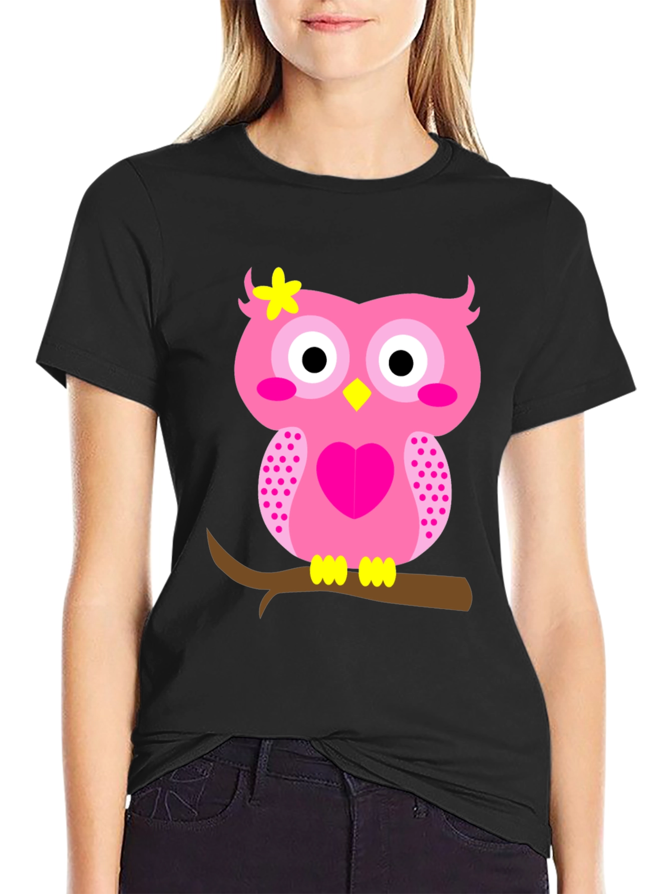 Cute Pink Owl Graphic Tee - Black T-Shirt