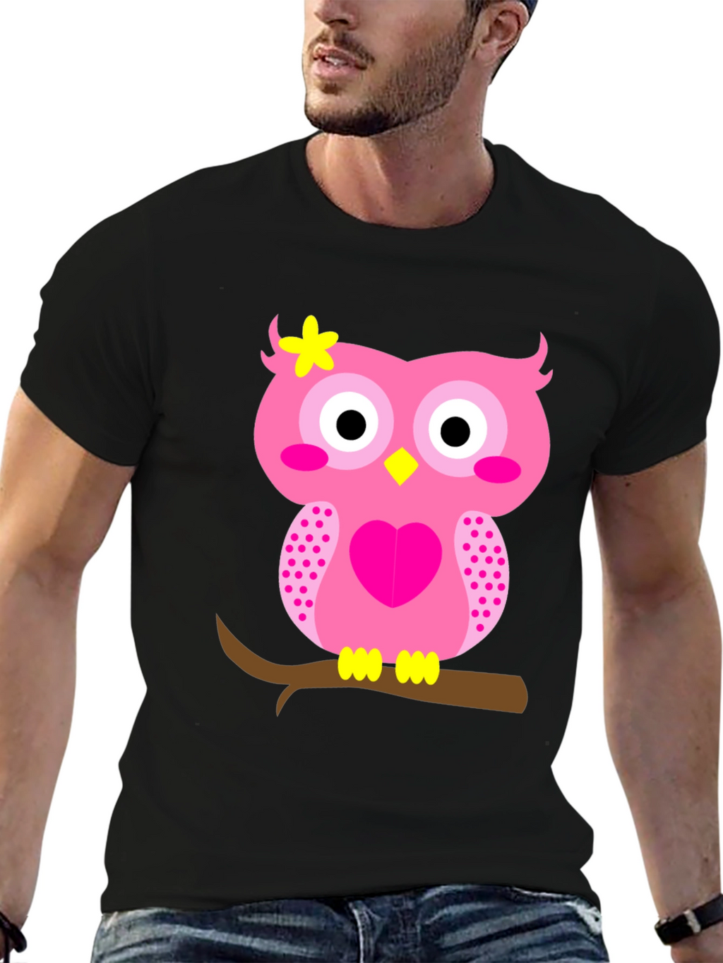 Cute Pink Owl Graphic Tee - Black T-Shirt