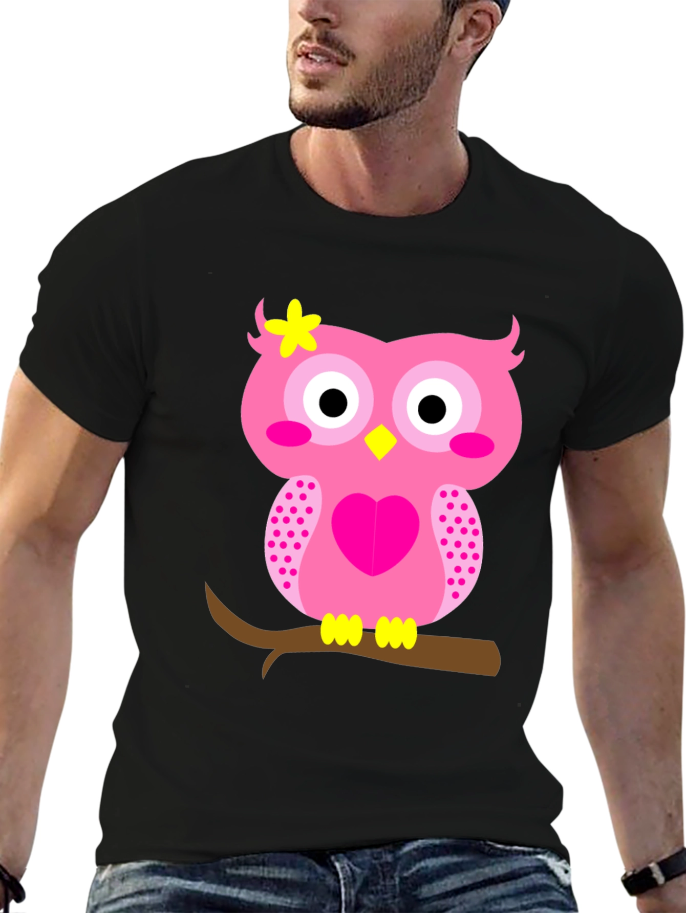 Cute Pink Owl Graphic Tee - Black T-Shirt