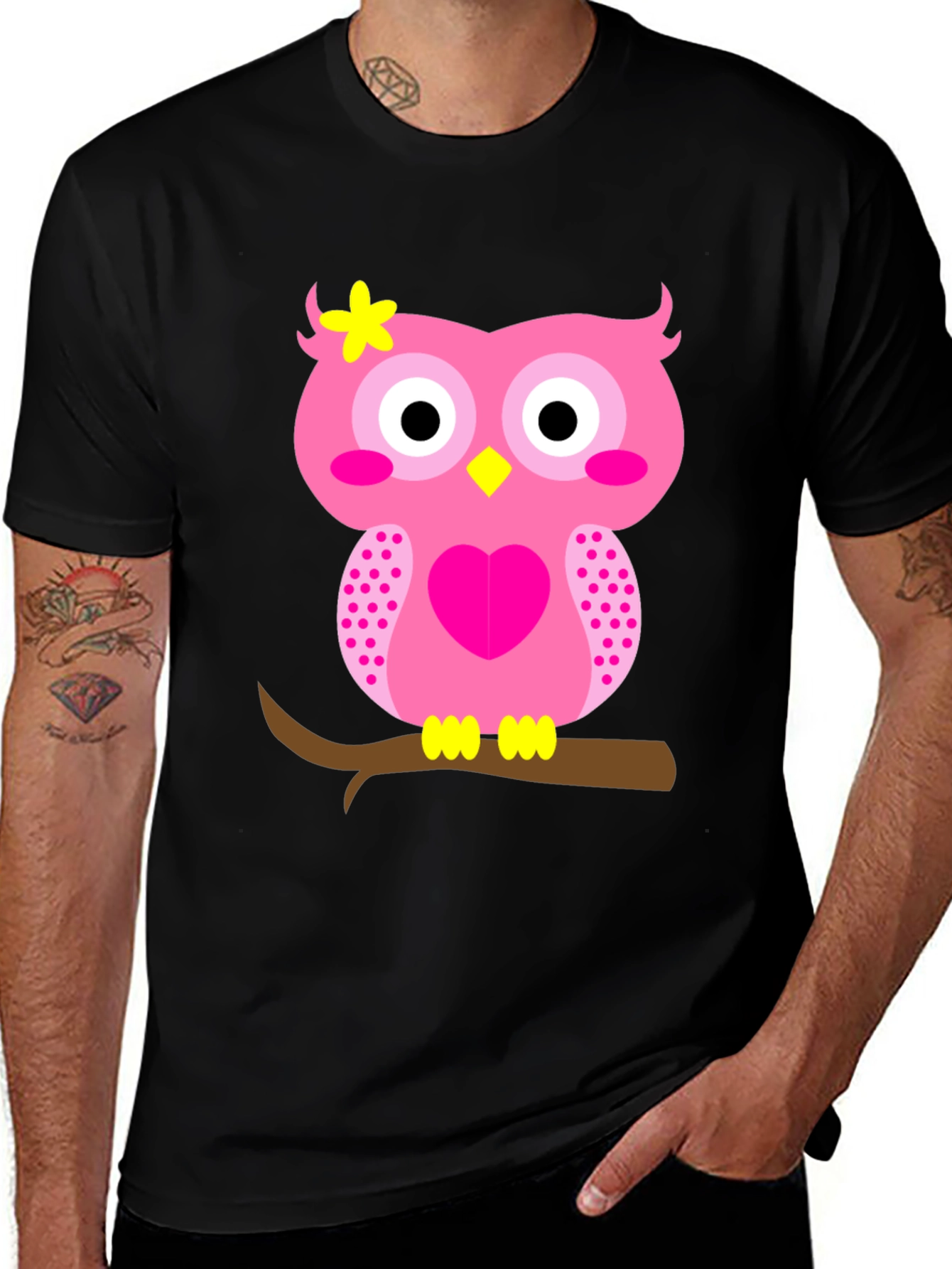 Cute Pink Owl Graphic Tee - Black T-Shirt