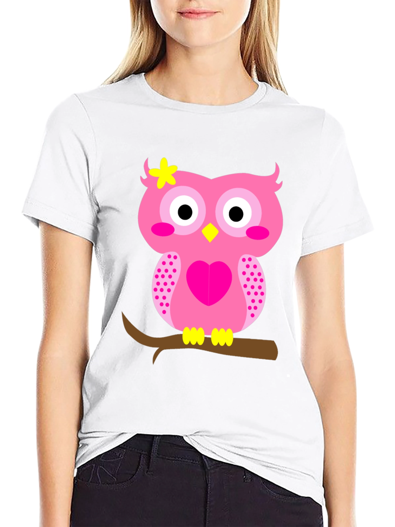 Cute Pink Owl Graphic Tee - Black T-Shirt