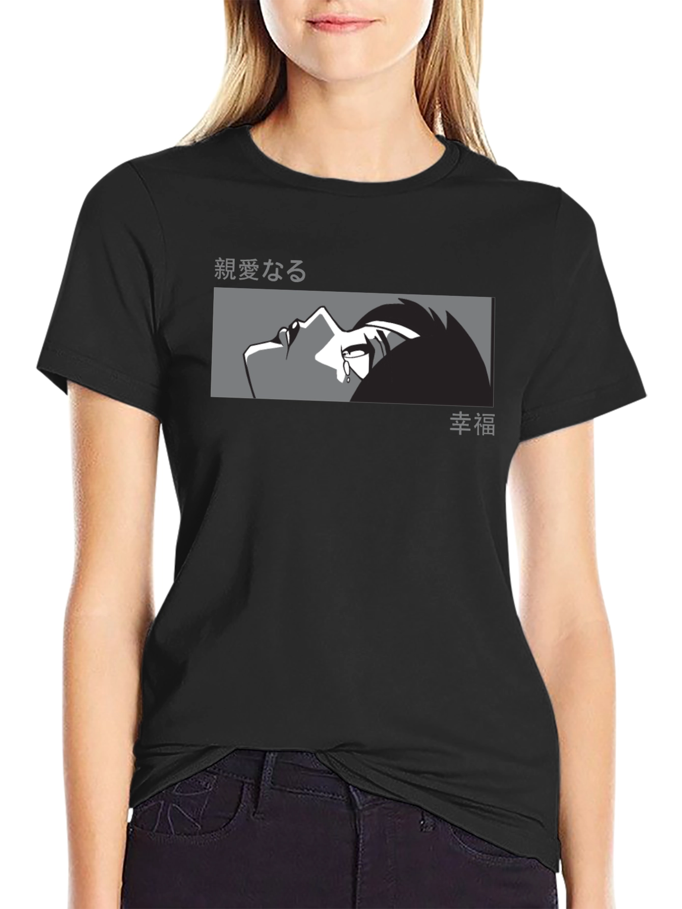 Anime Crying Face Graphic Black T-Shirt