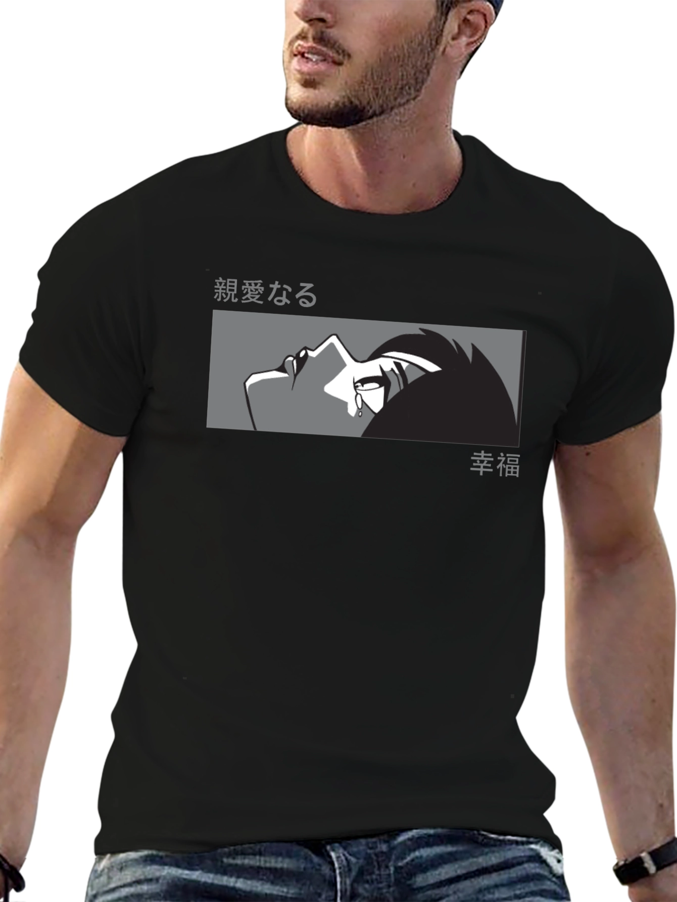 Anime Crying Face Graphic Black T-Shirt