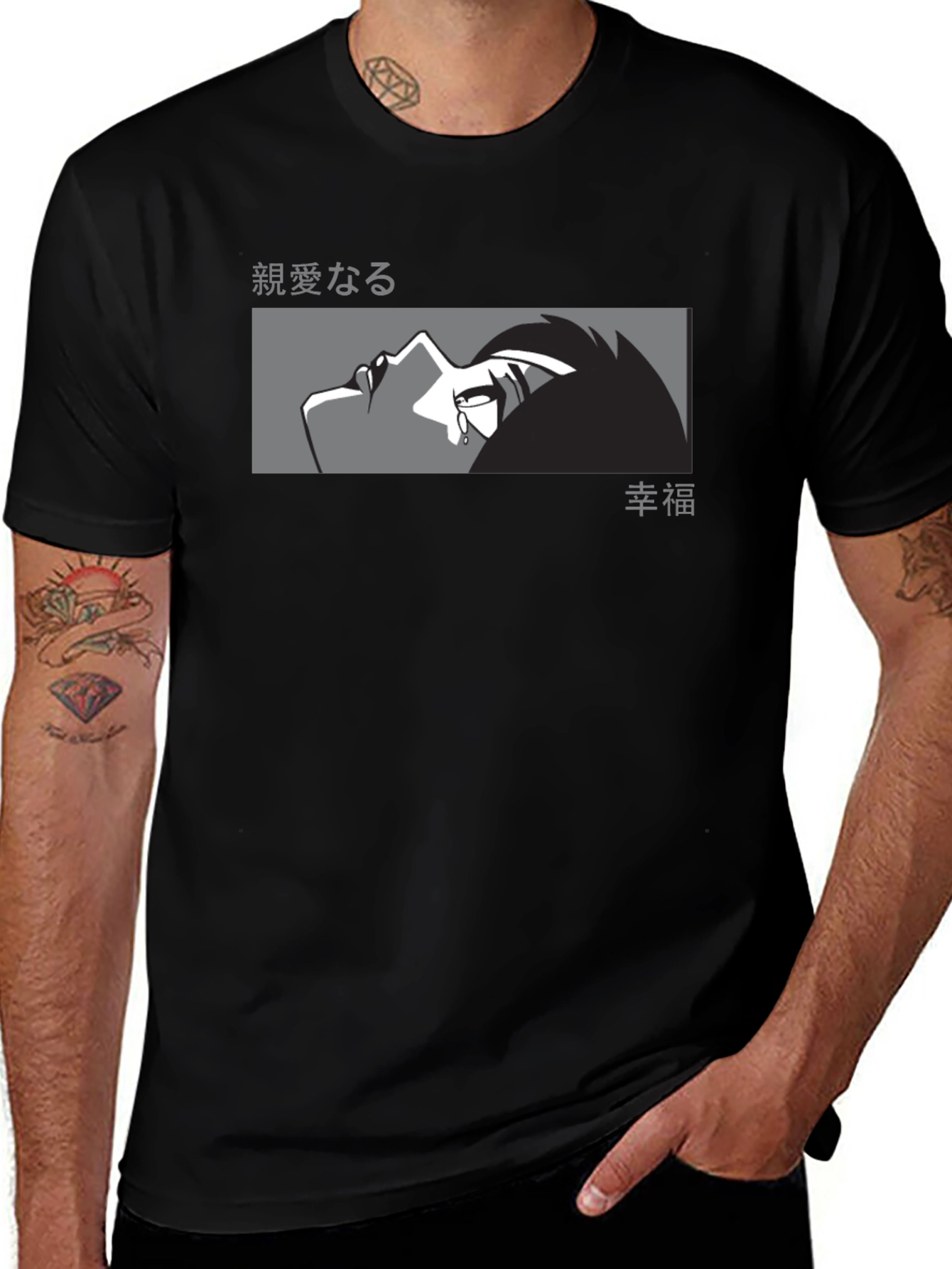 Anime Crying Face Graphic Black T-Shirt