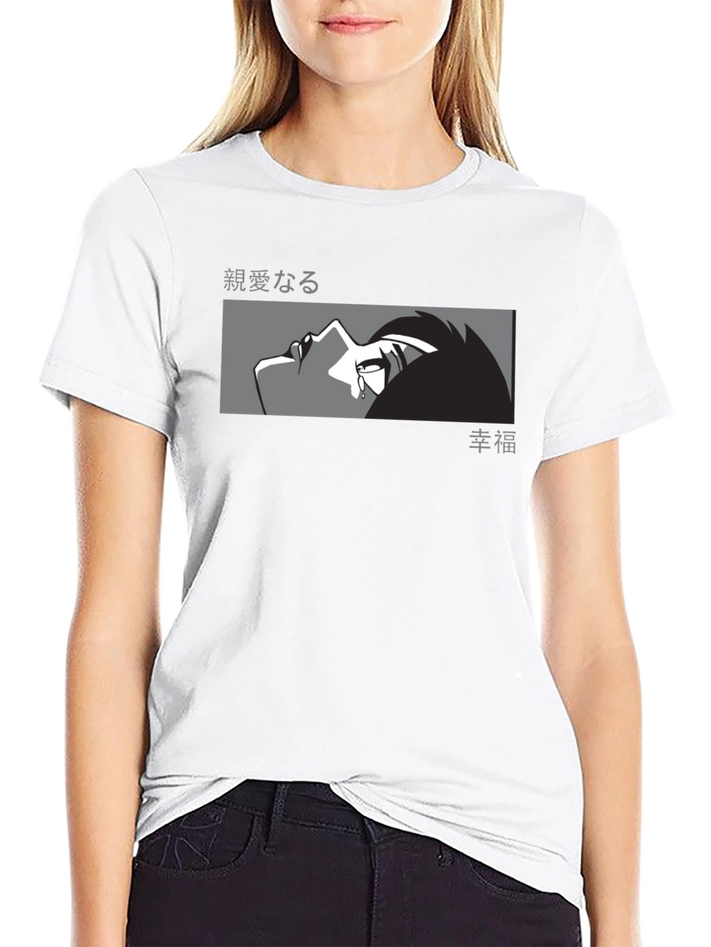 Anime Crying Face Graphic Black T-Shirt