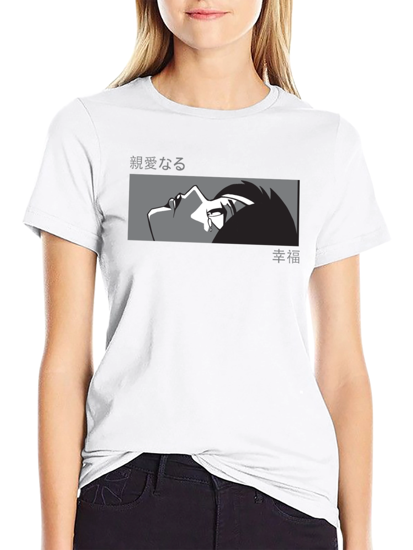 Anime Crying Face Graphic Black T-Shirt