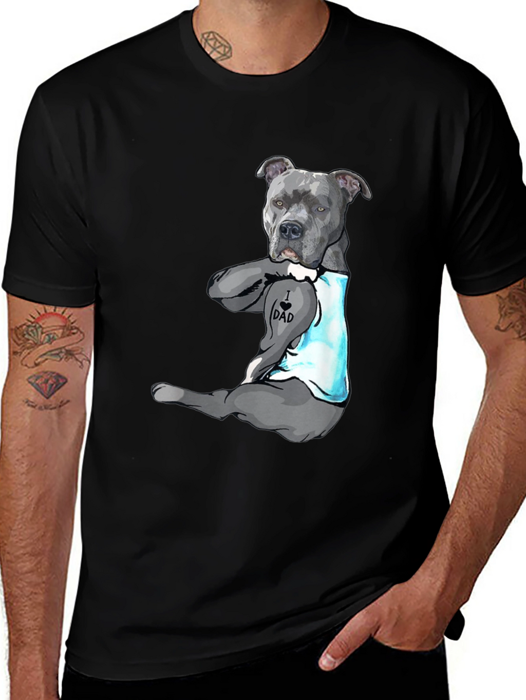 I Love Dad Tattoo Pitbull T-Shirt - Black