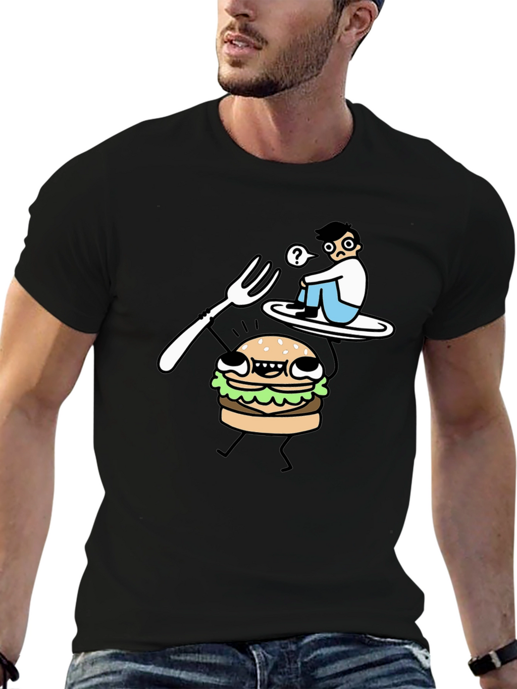 Funny Cartoon Burger T-Shirt - Black Cotton Tee