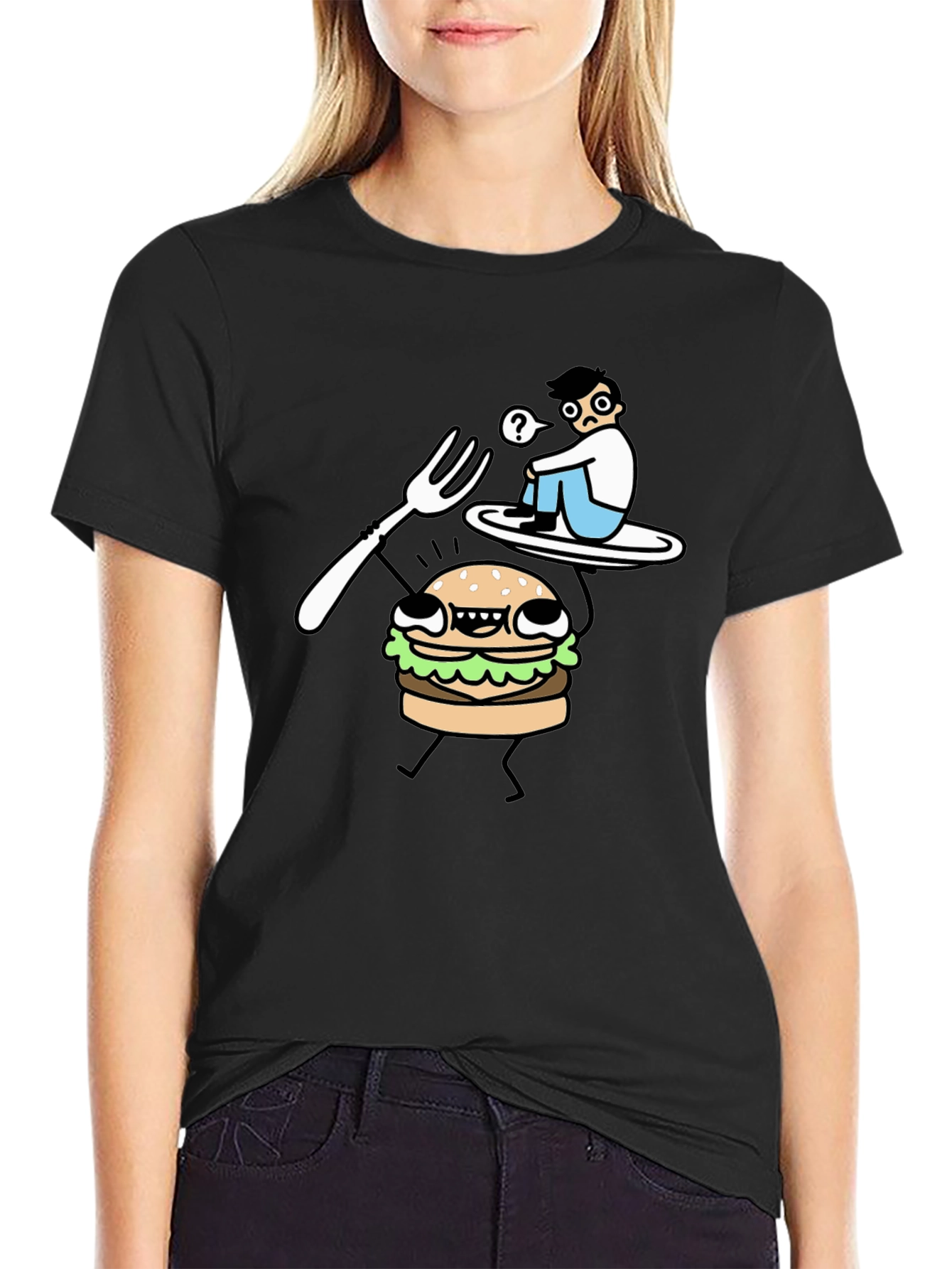 Funny Cartoon Burger T-Shirt - Black Cotton Tee