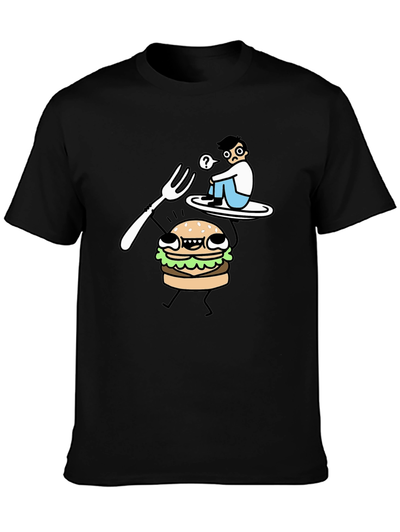 Funny Cartoon Burger T-Shirt - Black Cotton Tee
