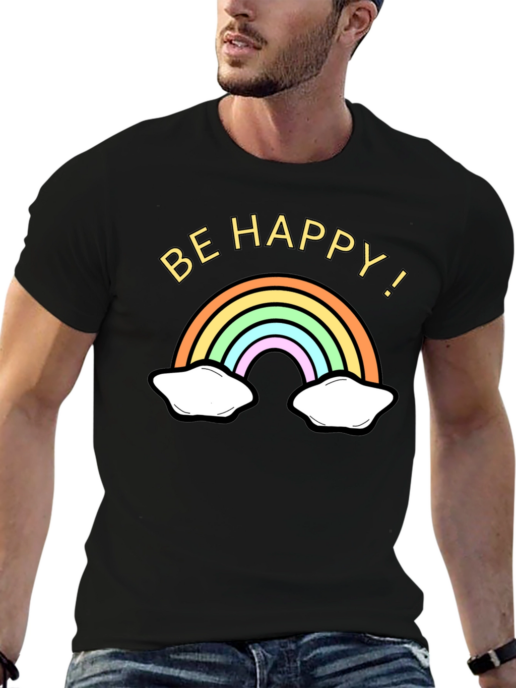 Be Happy Rainbow Graphic Tee - Black