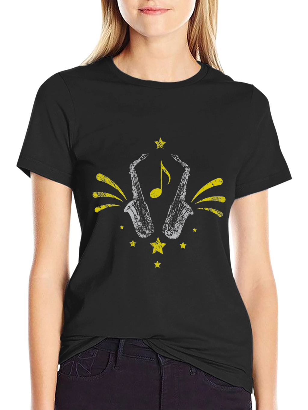 Stylish Black Saxophone Graphic Tee