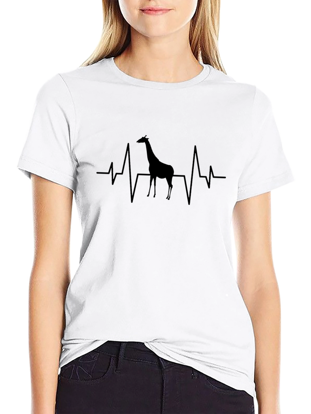 Giraffe Heartbeat Graphic Tee - Black Crewneck T-Shirt
