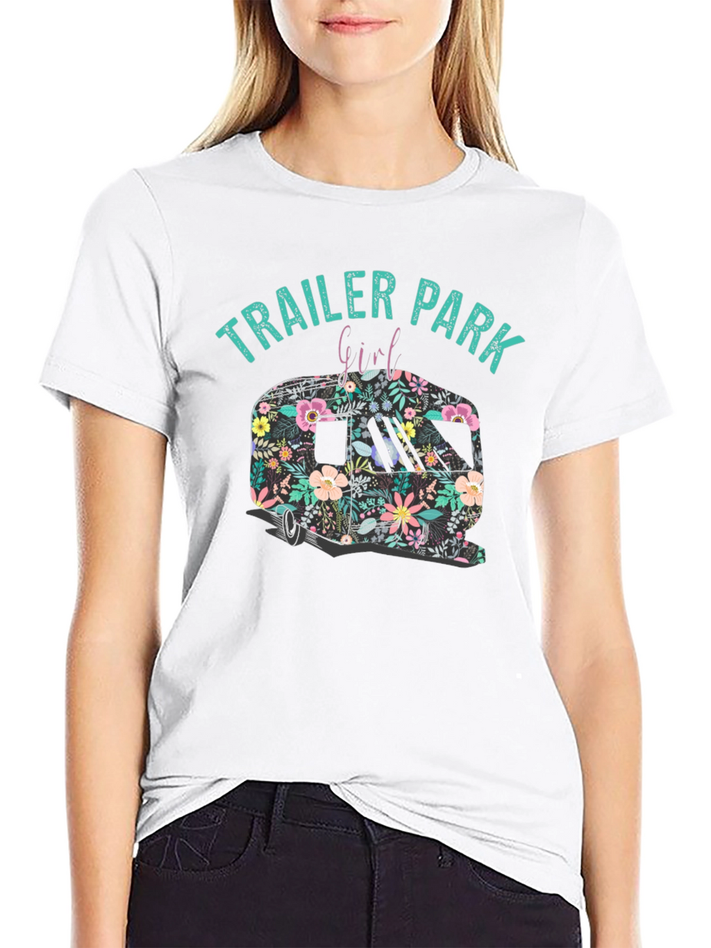 Trailer Park Girl Floral Camper Black T-Shirt