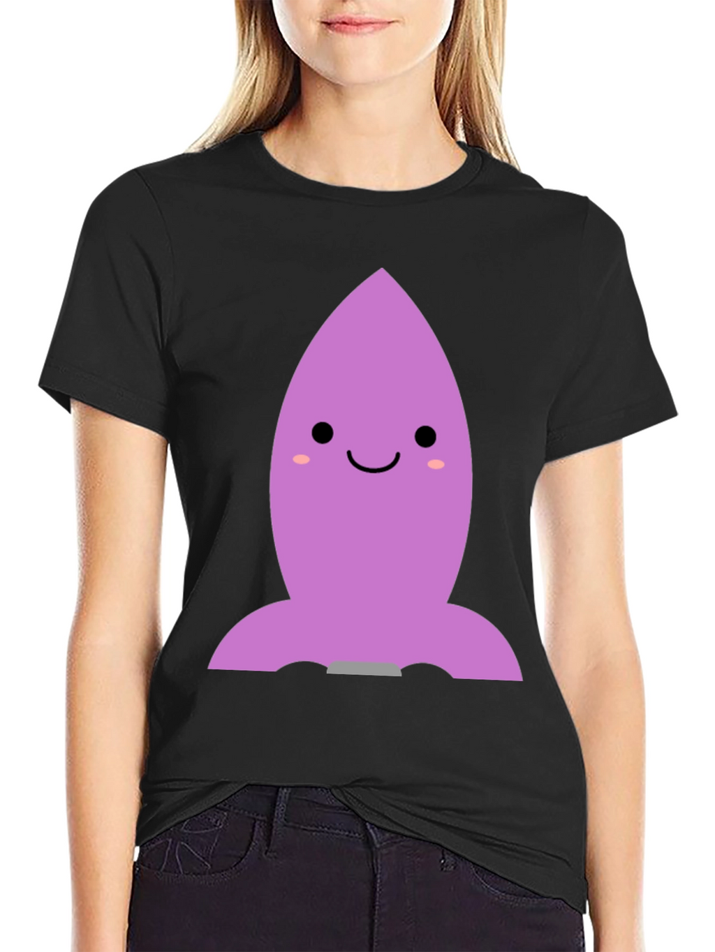 Cute Cartoon Rocket T-Shirt - Black Cotton Blend