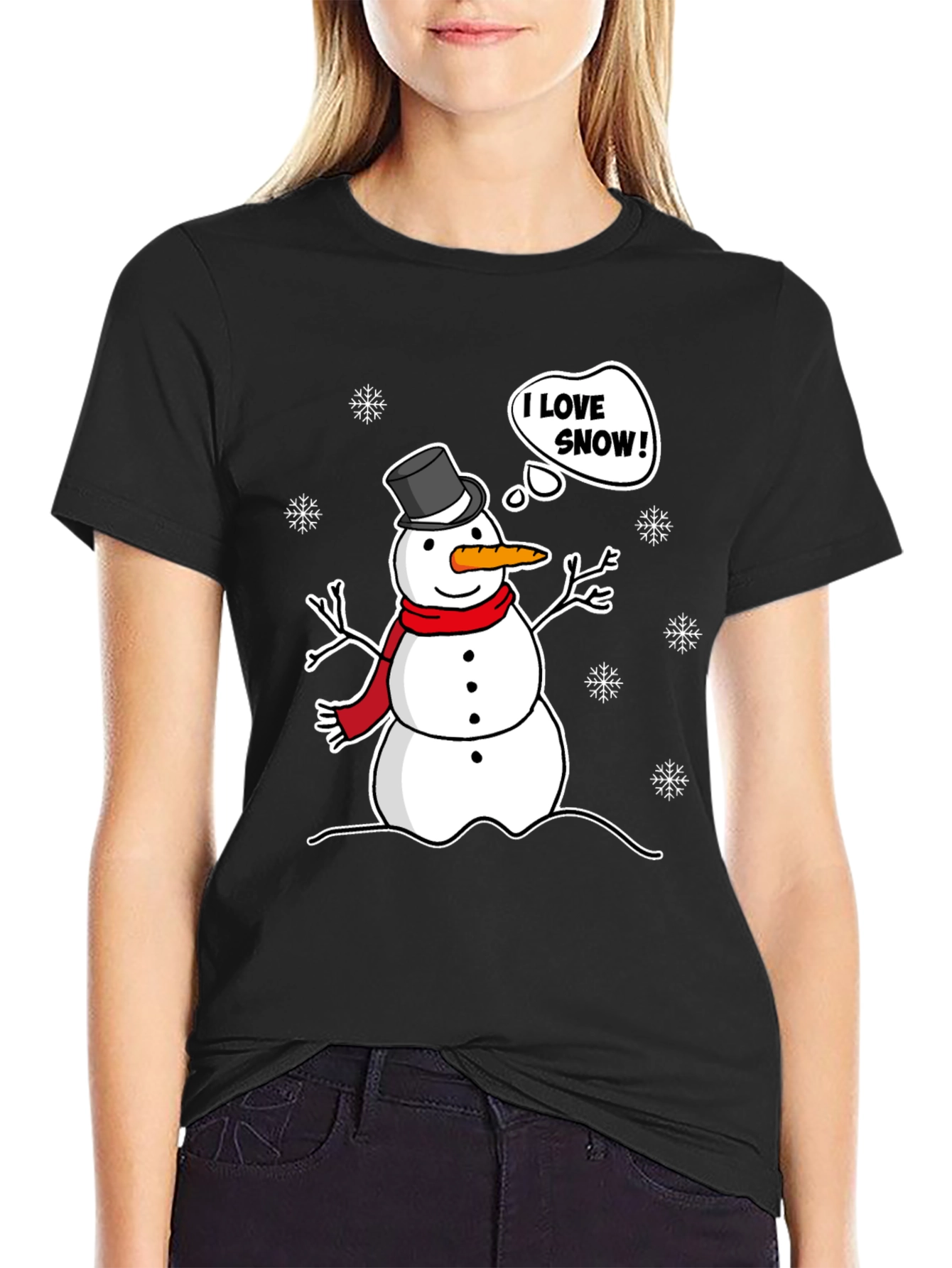 I Love Snow! Funny Holiday Snowman Graphic T-Shirt