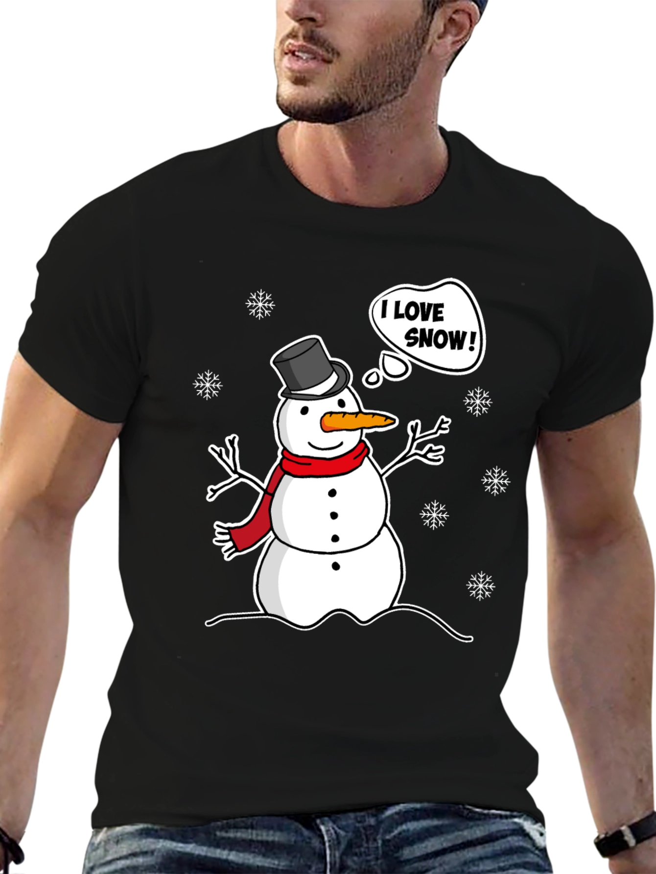 I Love Snow! Funny Holiday Snowman Graphic T-Shirt