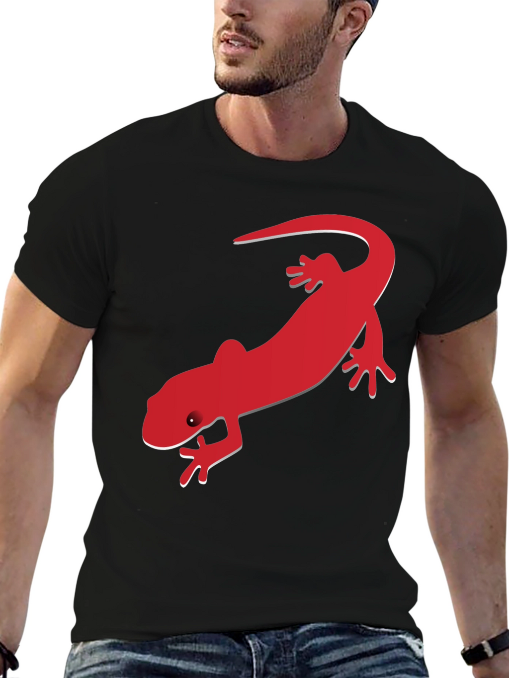 Mens Black T-Shirt with Red Lizard Print