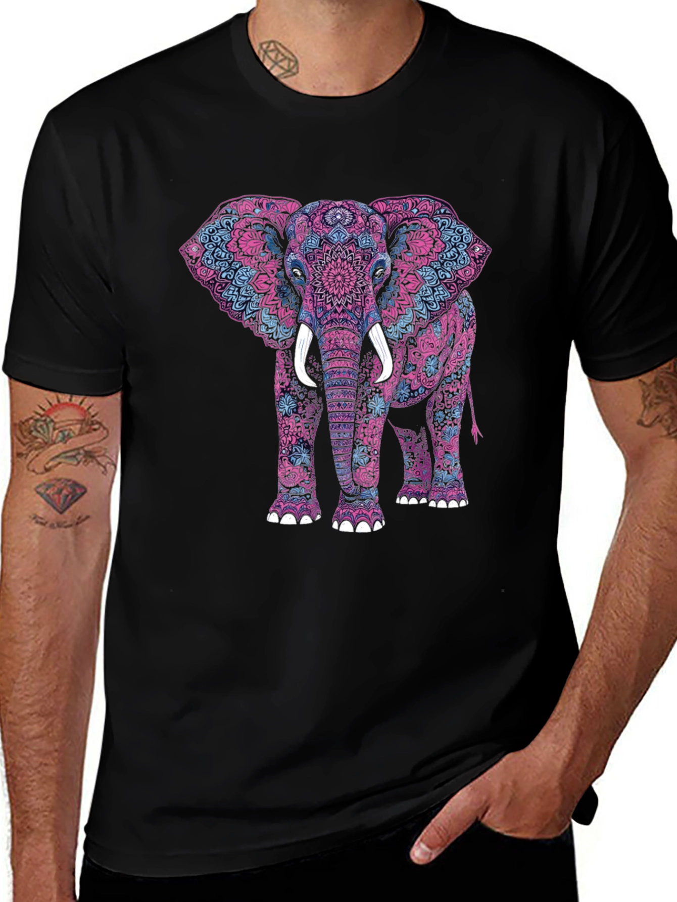 Elephant Mandala Graphic Tee - Black Cotton Shirt