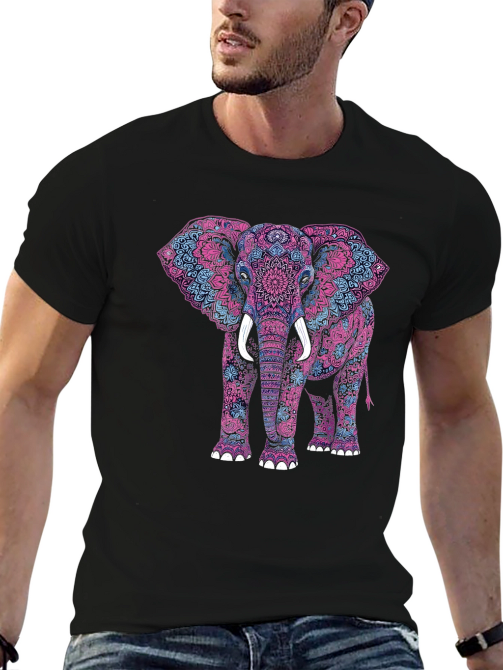 Elephant Mandala Graphic Tee - Black Cotton Shirt