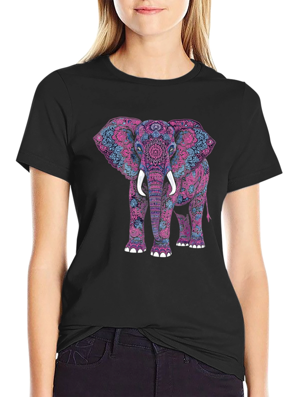 Elephant Mandala Graphic Tee - Black Cotton Shirt