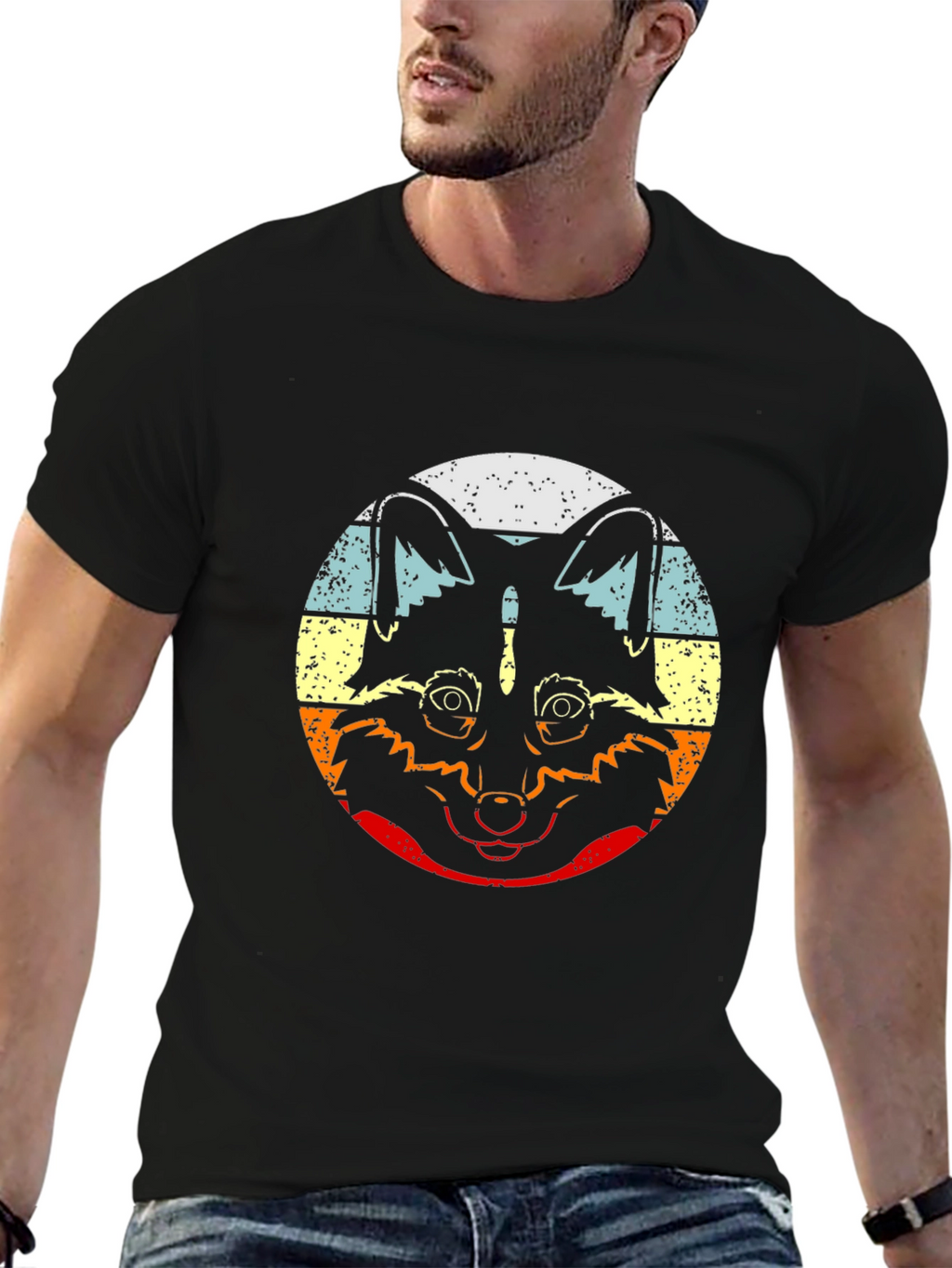 Retro Raccoon Graphic T-Shirt - Crew Neck Black