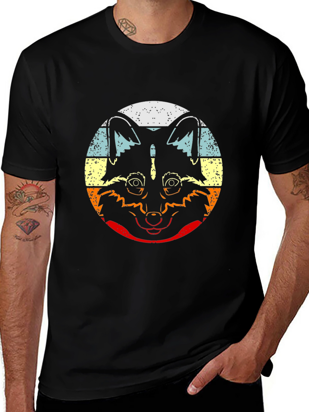 Retro Raccoon Graphic T-Shirt - Crew Neck Black