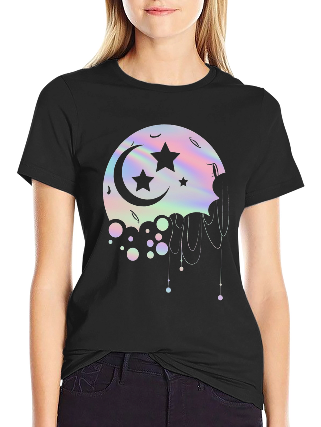 Dreamy Moon Stars Graphic Tee - Black Cotton T-Shirt