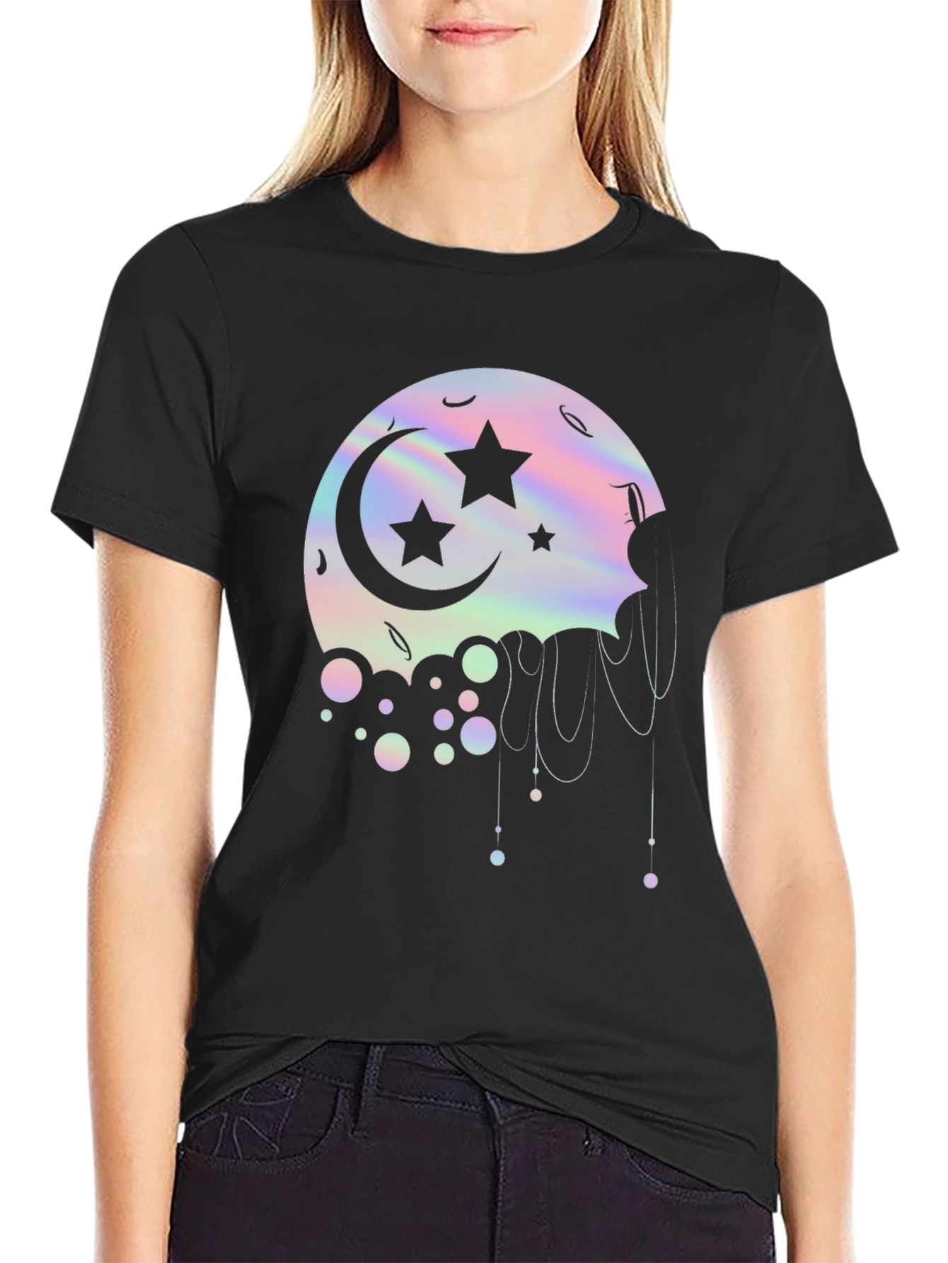 Dreamy Moon Stars Graphic Tee - Black Cotton T-Shirt