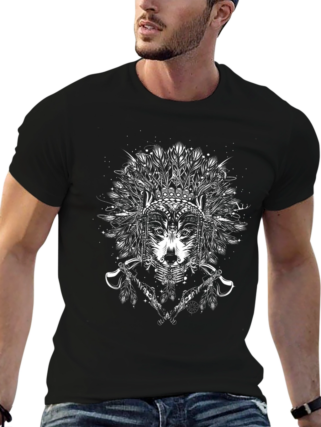 Wolf Headdress Graphic Tee - Black Cotton T-Shirt