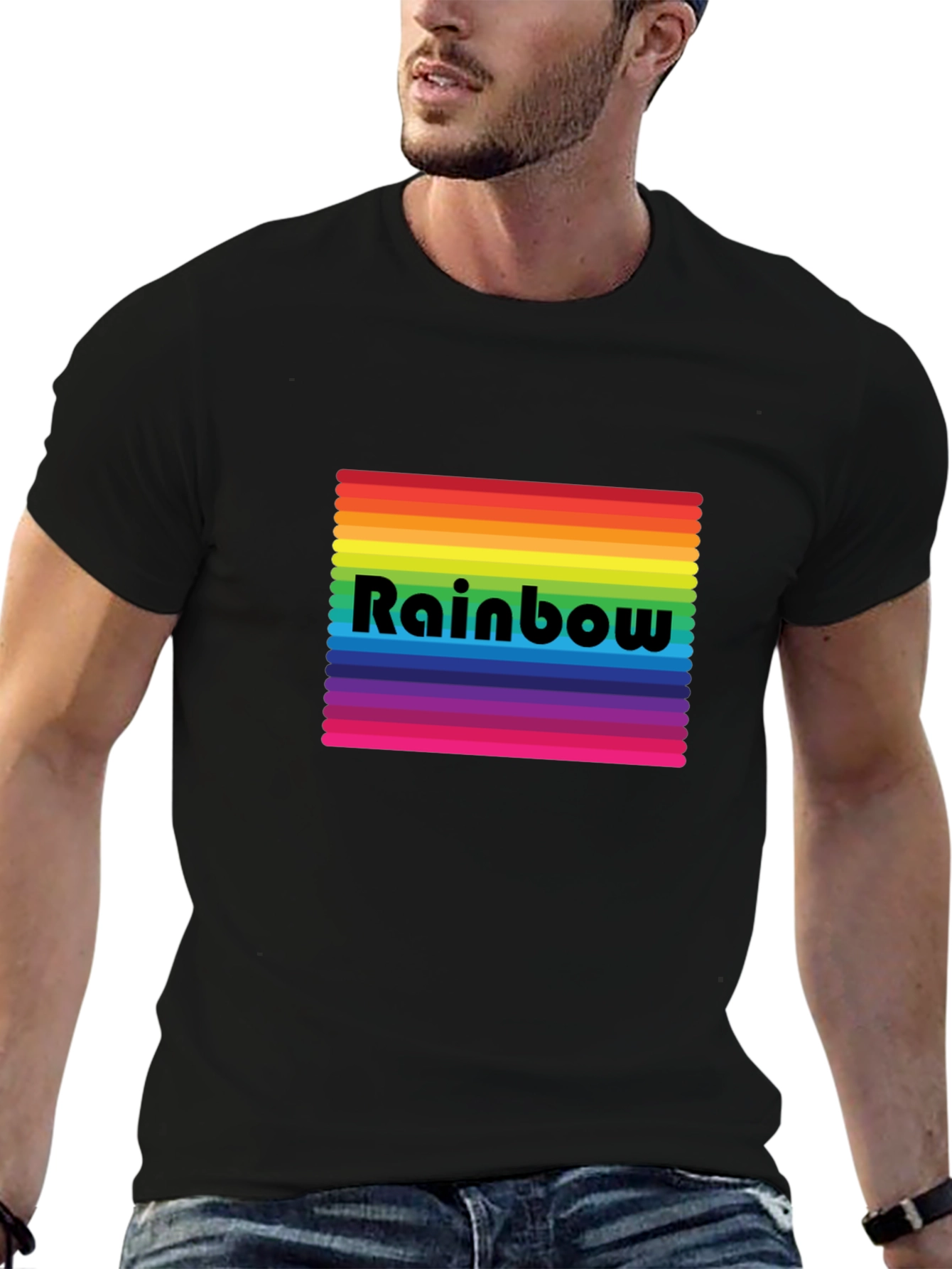 Rainbow Stripe Graphic Tee - Black Cotton Blend
