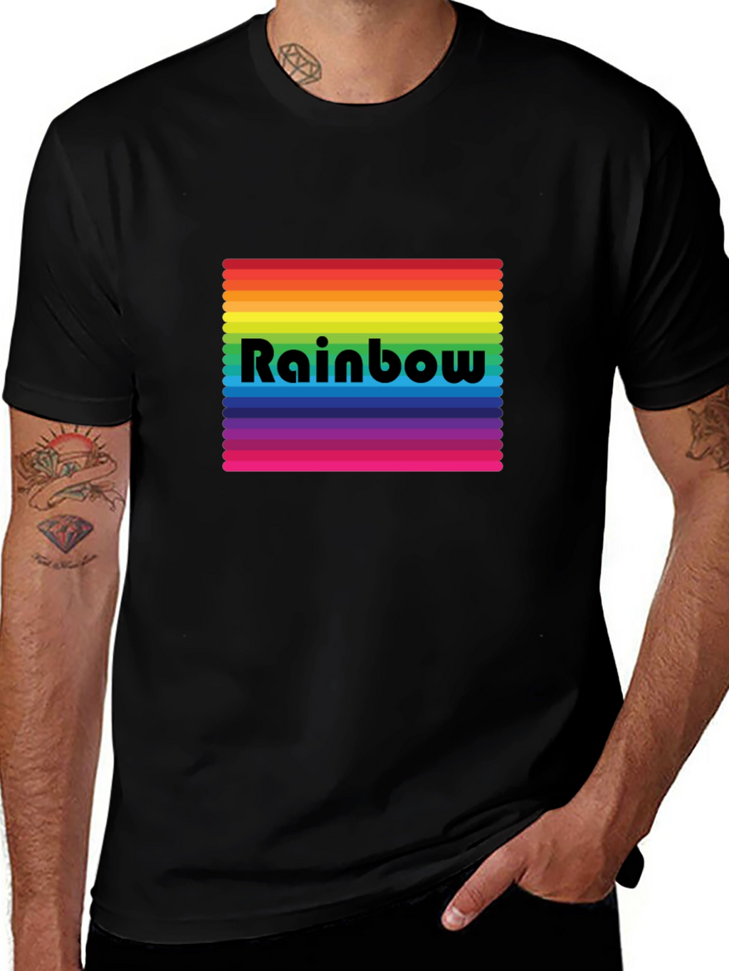 Rainbow Stripe Graphic Tee - Black Cotton Blend
