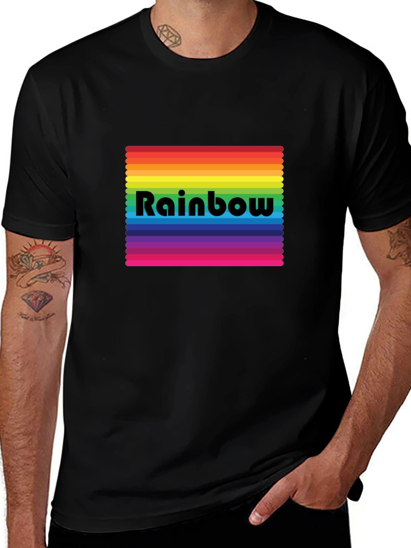 Rainbow Stripe Graphic Tee - Black Cotton Blend