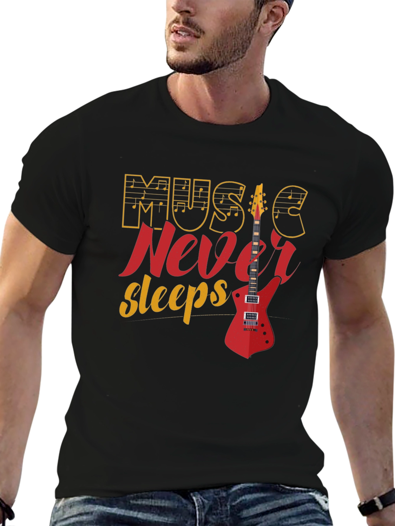 Music Never Sleeps Graphic Tee - Black Cotton T-Shirt