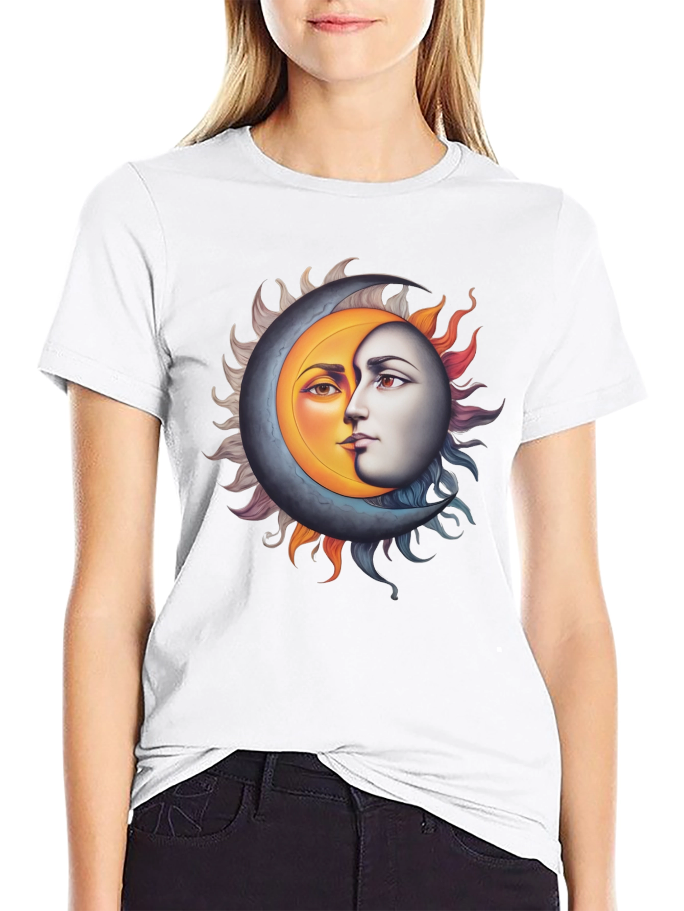 Sun and Moon Face Graphic Black Tee