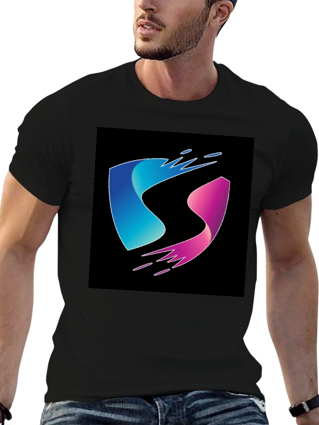 Modern Blue and Pink Wave Design Black T-Shirt