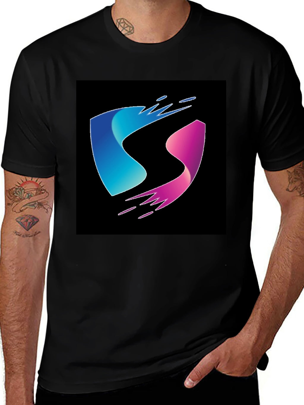 Modern Blue and Pink Wave Design Black T-Shirt