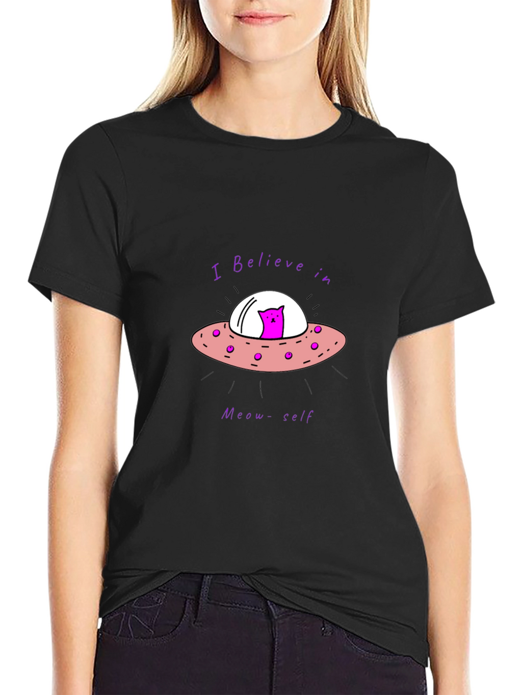 Believe in Meow-self Black T-Shirt - Cat Alien UFO