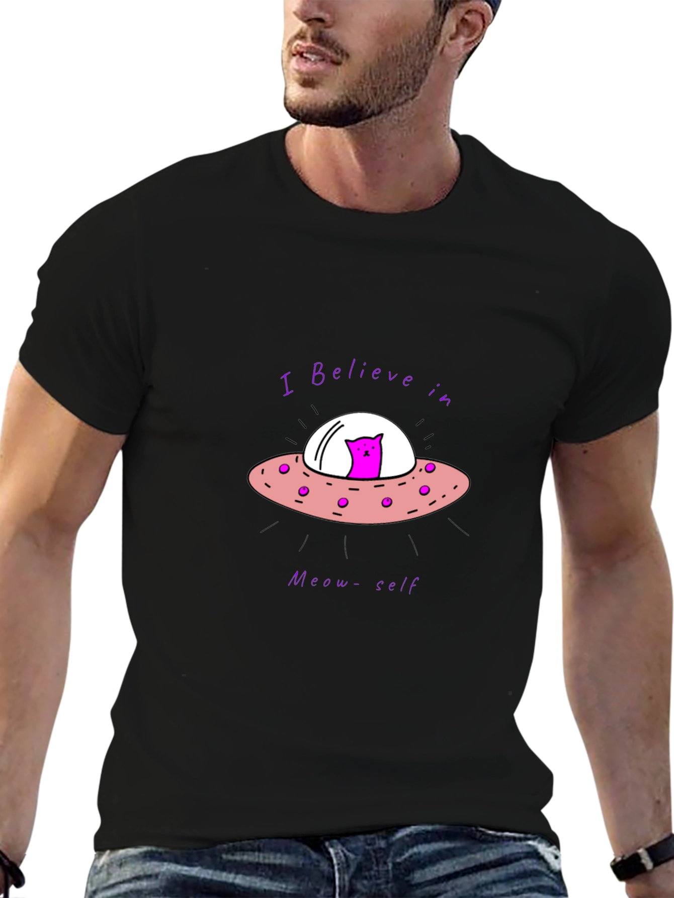 Believe in Meow-self Black T-Shirt - Cat Alien UFO