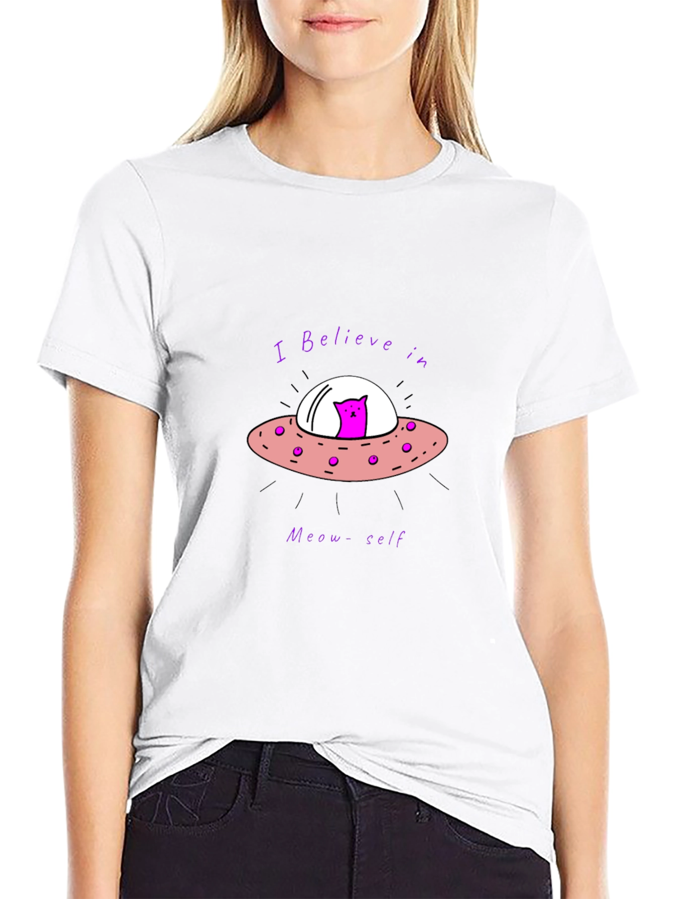 Believe in Meow-self Black T-Shirt - Cat Alien UFO