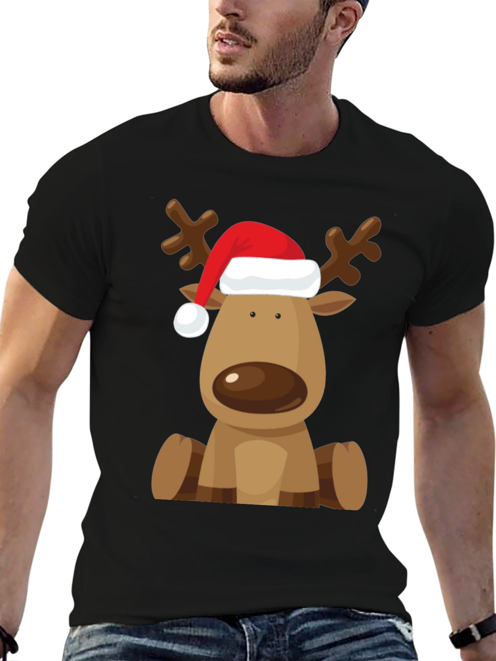 Reindeer Santa Hat Black T-Shirt