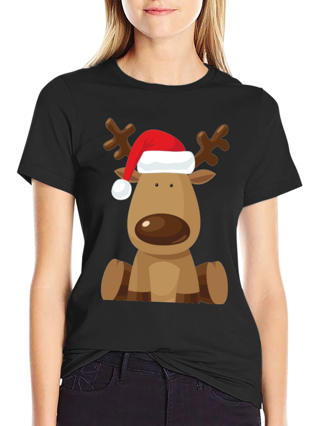 Reindeer Santa Hat Black T-Shirt