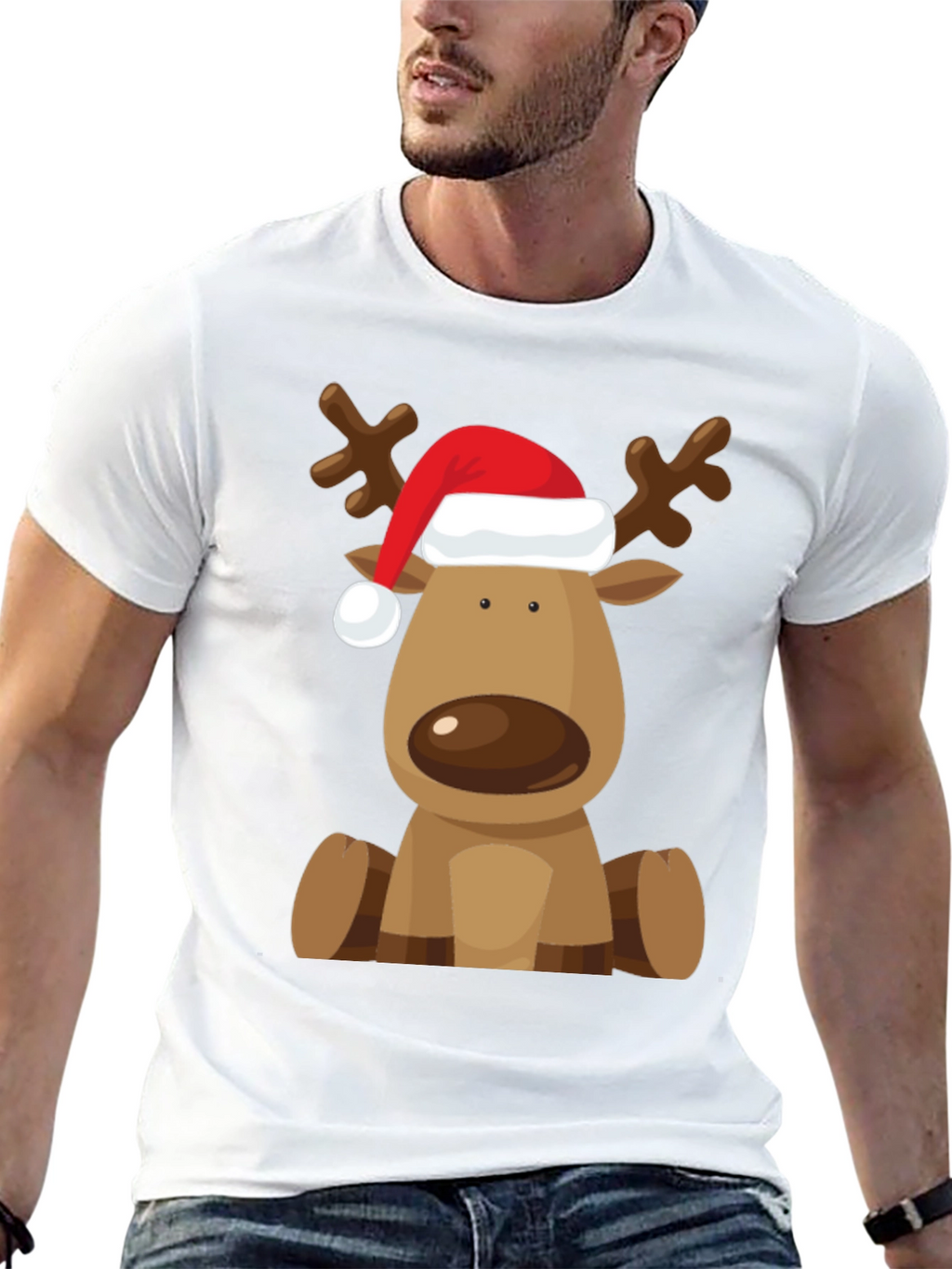 Reindeer Santa Hat Black T-Shirt