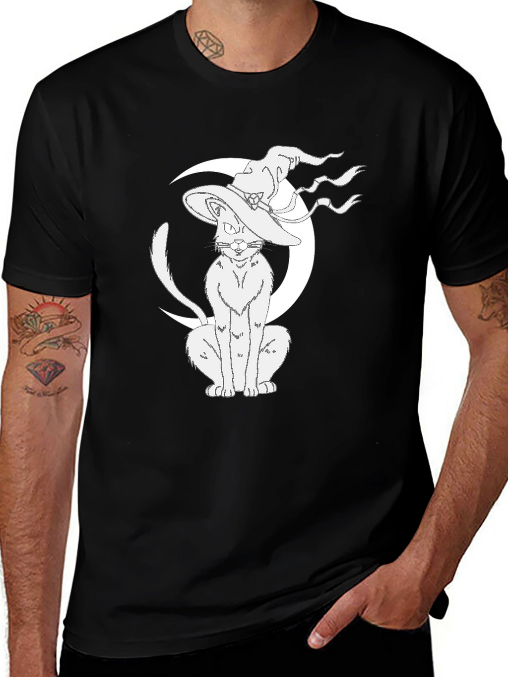 Witch Cat Moon Graphic Tee - Black Cotton T-Shirt