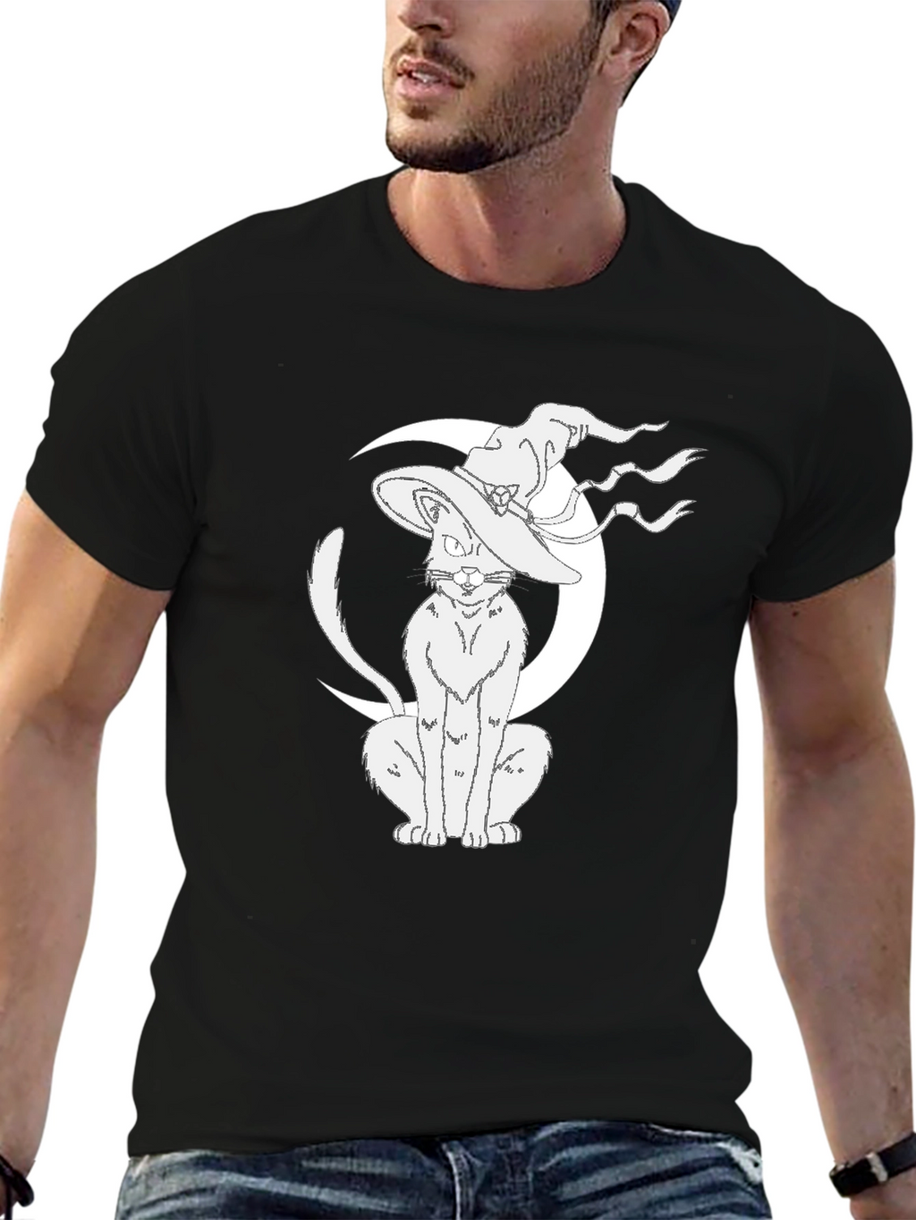 Witch Cat Moon Graphic Tee - Black Cotton T-Shirt